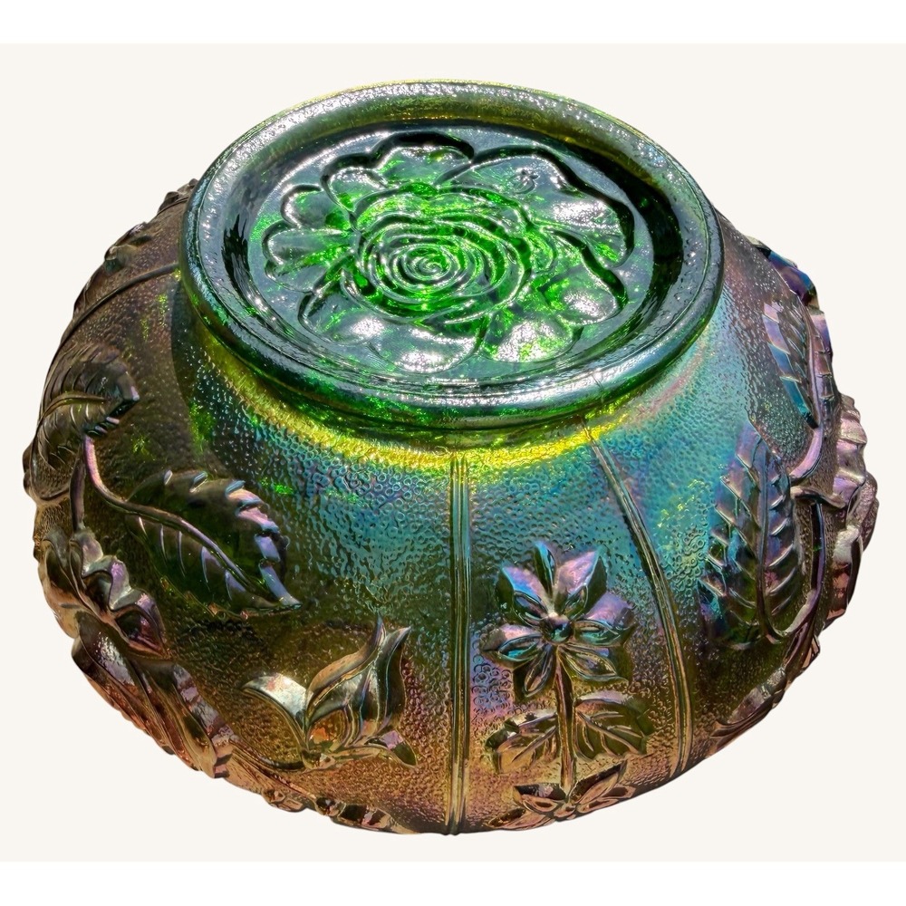Vintage Imperial Glass Helios Green Carnival Glass Open Rose Bowl Iridescent - Picture 8 of 9